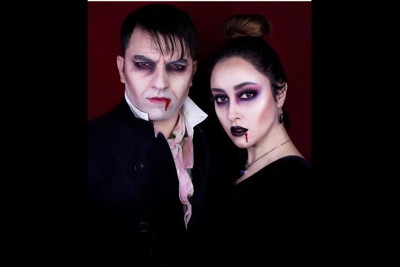 اجرای گریم هالووینی توسط مهشید بیوتی روی صورت خود و همسرش